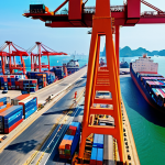 **Modern Maritime Gateway:** A wide-angle, dynamic shot of a bustling, modern deep-water port in Vietnam, with several large container ships actively being loaded and unloaded by automated cranes. The scene should convey efficiency, strategic location, and Vietnam's growing role in international maritime trade. Emphasize advanced infrastructure and a vibrant atmosphere under a clear sky.