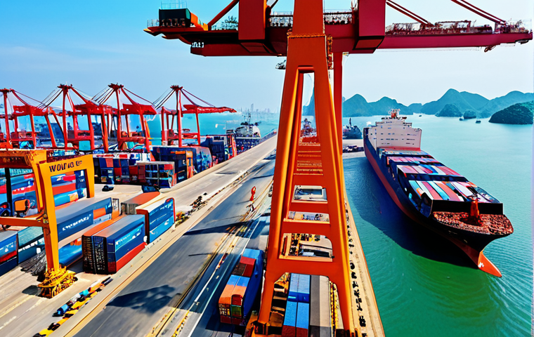 **Modern Maritime Gateway:** A wide-angle, dynamic shot of a bustling, modern deep-water port in Vietnam, with several large container ships actively being loaded and unloaded by automated cranes. The scene should convey efficiency, strategic location, and Vietnam's growing role in international maritime trade. Emphasize advanced infrastructure and a vibrant atmosphere under a clear sky.