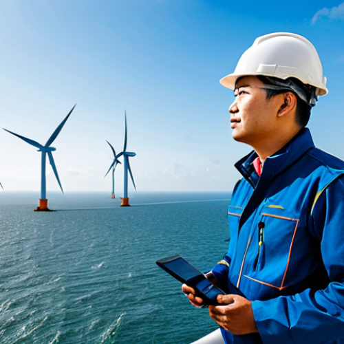 Home 25 **
"A Vietnamese engineer in appropriate attire, fully clothed, inspecting a wind turbine at an offshore wind farm during daylight. Background shows a panoramic view of the coastline and other wind turbines. Focus on technological advancement and sustainable energy. Safe for work, professional, high resolution, perfect anatomy, correct proportions, appropriate content, family-friendly, modest clothing."
**