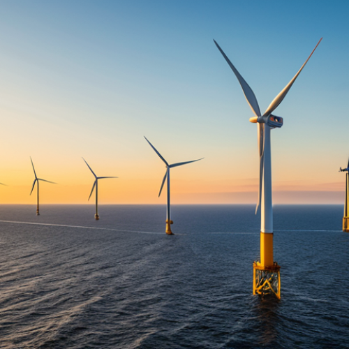 Home 12 **Image:** A scenic view of offshore wind turbines at sunset. **Prompt:** "Offshore wind farm at sunset, several wind turbines turning gracefully in the ocean, golden hour lighting, peaceful and environmentally friendly scene, safe for work, appropriate content, fully clothed. Professional photography, high quality, perfect anatomy, natural proportions, professional."