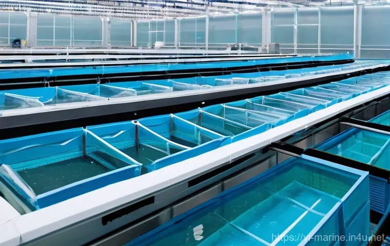 해양자원 개발 사업 모델 - **Prompt for High-Tech Aquaculture:**
    "A clean, brightly lit indoor facility for high-tech aquac...