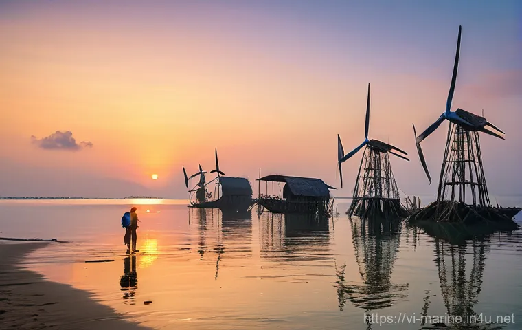 해양풍력 발전과 사회적 수용성 - **Prompt:** A poignant scene depicting a traditional Vietnamese fishing village at dawn. In the fore...