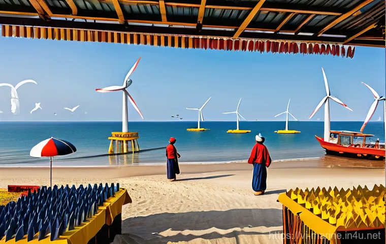 해양풍력 발전과 사회적 수용성 - **Prompt:** A vibrant and engaging community meeting taking place in a brightly lit, open-air pavili...