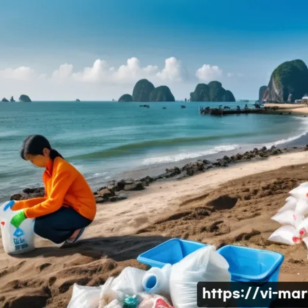 해양 자원의 재활용 가능성 - **Prompt:** "A vibrant coastal scene in Vietnam. Focus on a family participating in a beach cleanup,...