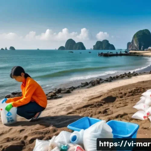 해양 자원의 재활용 가능성 - **Prompt:** "A vibrant coastal scene in Vietnam. Focus on a family participating in a beach cleanup,...