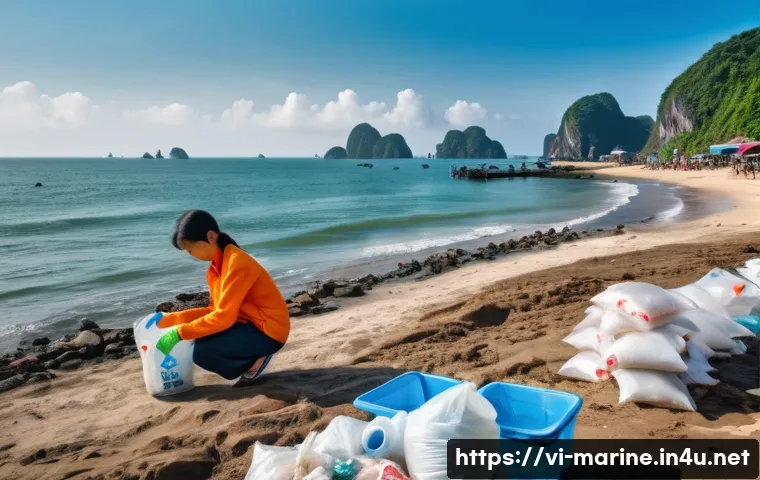 해양 자원의 재활용 가능성 - **Prompt:** "A vibrant coastal scene in Vietnam. Focus on a family participating in a beach cleanup,...