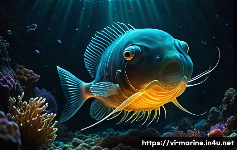 심해의 생태계와 자원 개발 - **Prompt:** A mesmerizing underwater scene capturing the otherworldly beauty of the deep sea. In the...