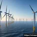 Home 20 해양풍력 발전의 최신 기술 동향 - A highly detailed offshore wind farm scene during golden hour, featuring modern wind turbines with l...
