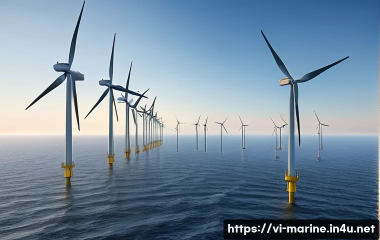 해양풍력 발전의 최신 기술 동향 - A highly detailed offshore wind farm scene during golden hour, featuring modern wind turbines with l...