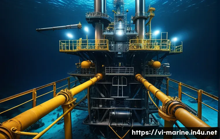 심해석유 시추 기술 - A highly detailed underwater deep-sea drilling rig scene at thousands of meters below sea level, sho...
