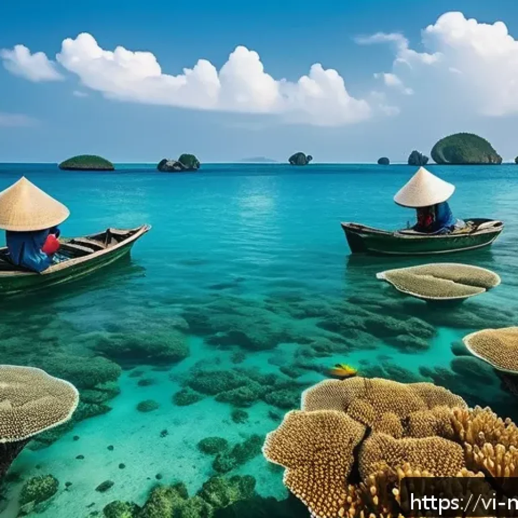 해양자원 개발과 기후 변화 - A vibrant underwater scene showcasing a coral reef in Vietnam’s coastal waters, featuring colorful c...