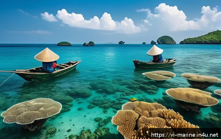 해양자원 개발과 기후 변화 - A vibrant underwater scene showcasing a coral reef in Vietnam’s coastal waters, featuring colorful c...