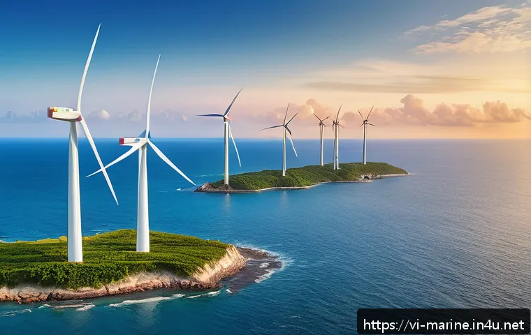 해양풍력 발전과 탄소 배출 - A panoramic view of offshore wind turbines along the Vietnamese coastline at sunset, featuring tall,...