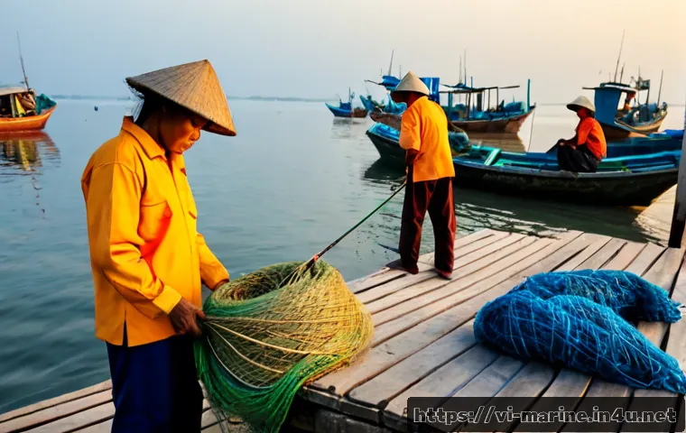 Home 17 해양자원 개발의 사회적 영향 - Photorealistic coastal Vietnam scene at sunrise, a modern offshore wind farm and fishing boats visib...