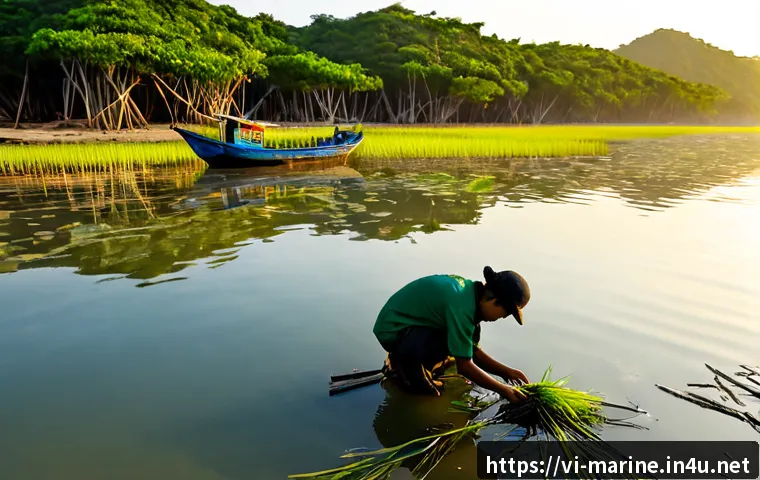 해양자원과 기후 변화 - Photorealistic wide coastal scene in central Vietnam at sunrise, a Vietnamese marine biologist in pr...